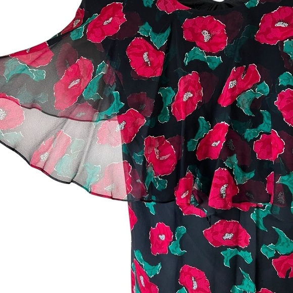 Vintage JOANIE CHAR 100% Silk Ruffled Floral Dress Red Black Chiffon Maxi Size 6 - Picture 5 of 9
